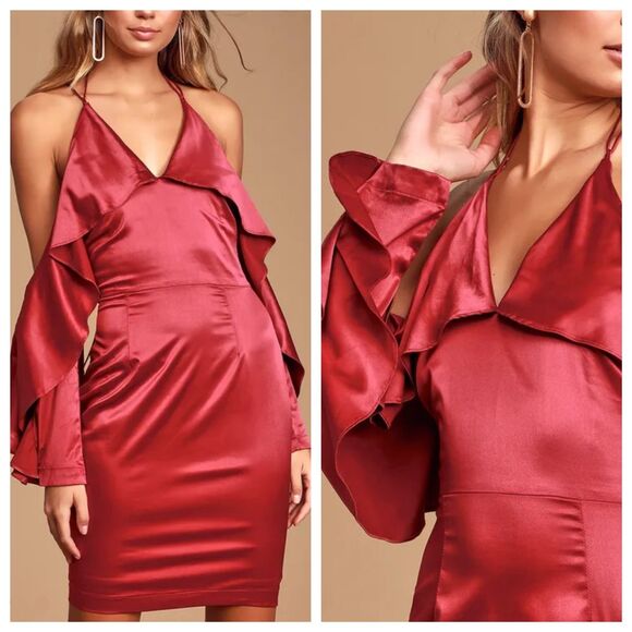 Lulus Thrill of the Night Red Pink Satin Cold Shoulder Mini Dress - Picture 2 of 4